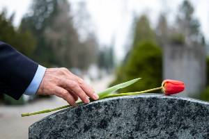 placing flower on top of gravestone
