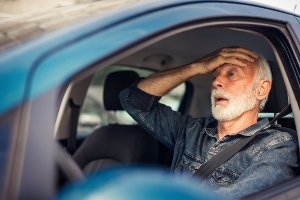 Man in his car with hand on his head.