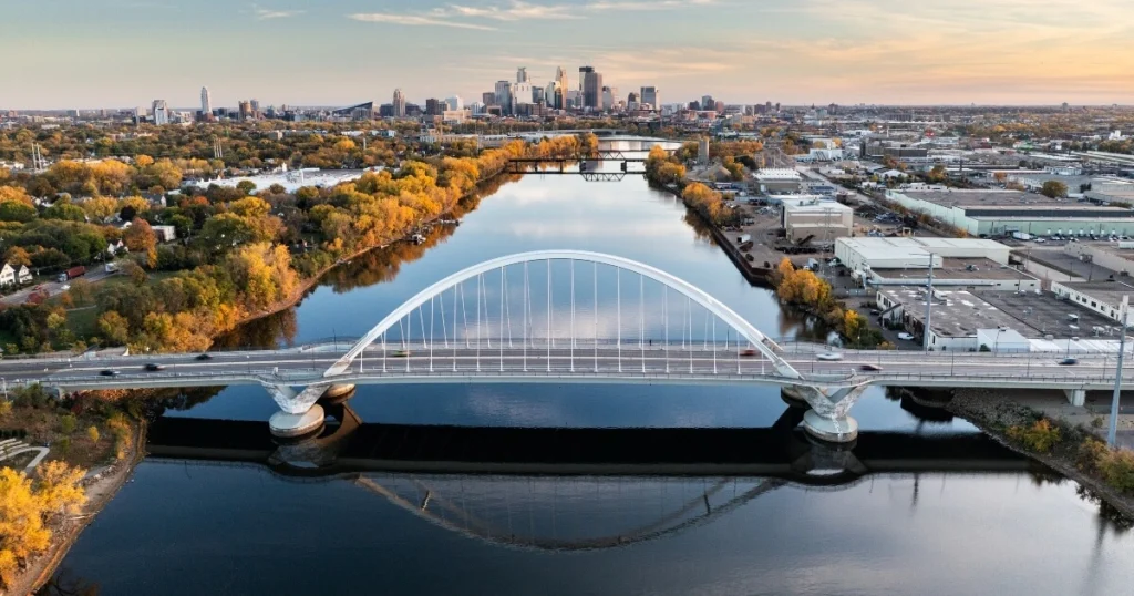 Current image: aerial view of MInneapolis and the Lowry Bridge