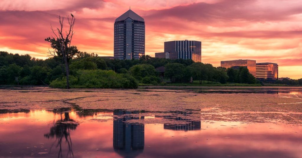 Current image: evening shot of buildings at normandale lake