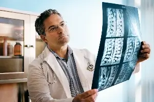doctor holding up and viewing spine X-rays 