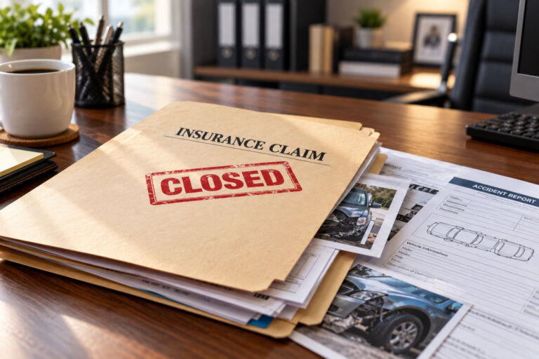 A folder with auto insurance claim documentation marked closed.