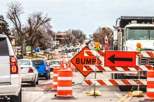 roadway construction with road signs