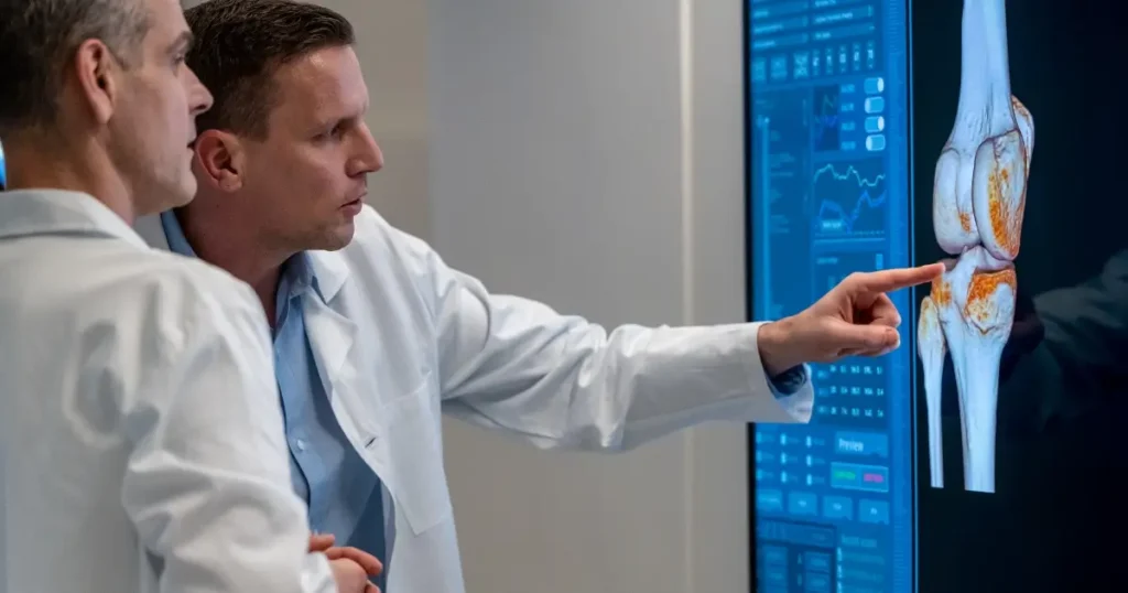 Current image: Two doctors reviewing X-ray of a knee|Two doctors reviewing X-ray of a knee