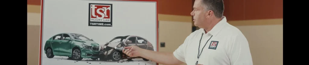 Attorney Steve Terry pointing at a car crash